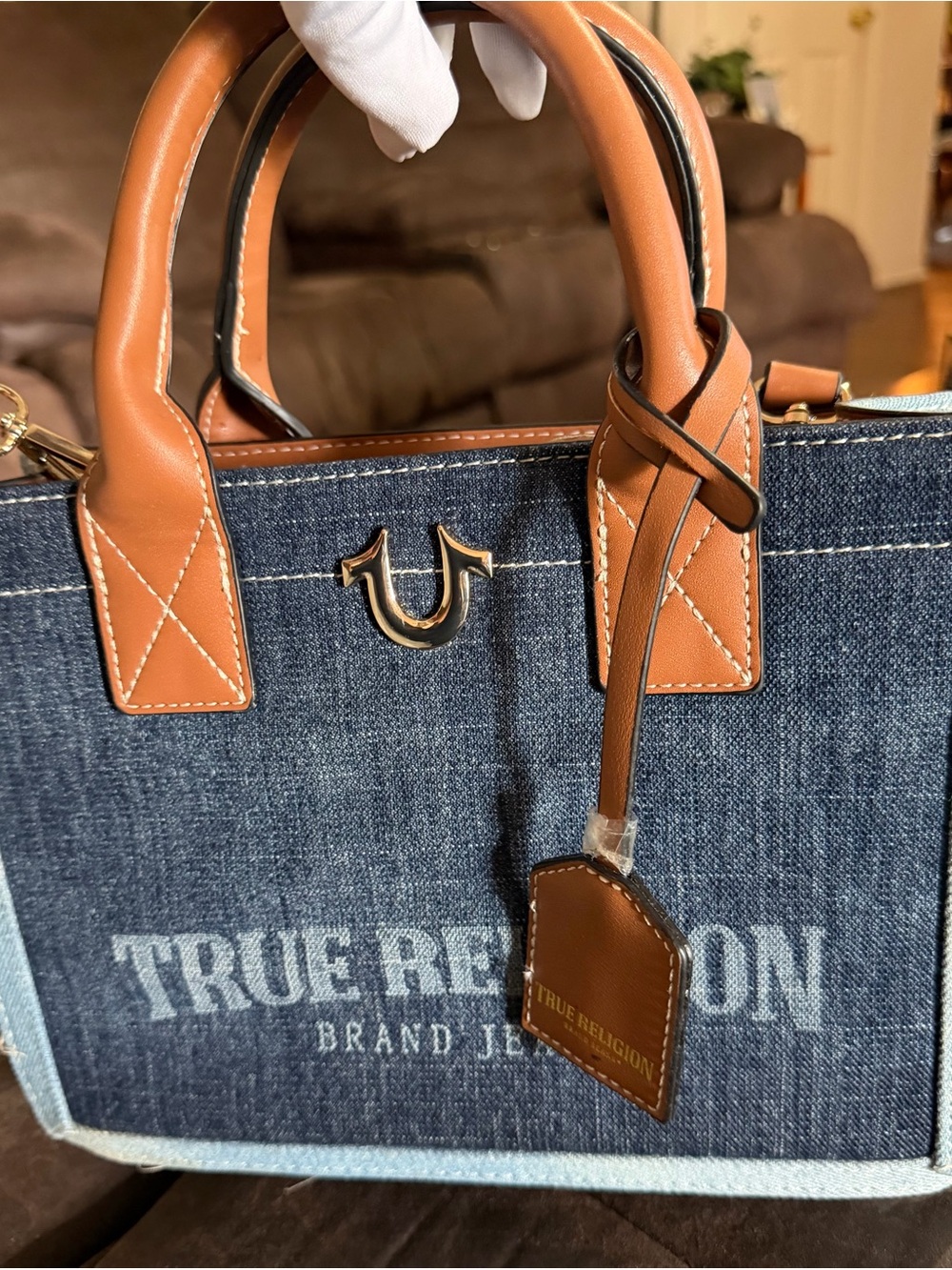 True Religion Denim Tote in Blue with Tan Leather Trim